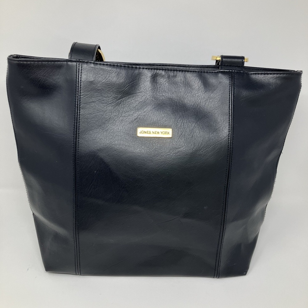 Vintage Jones New York Black Vinyl Tote Bag Shoulder Purse Gold Hardware Large